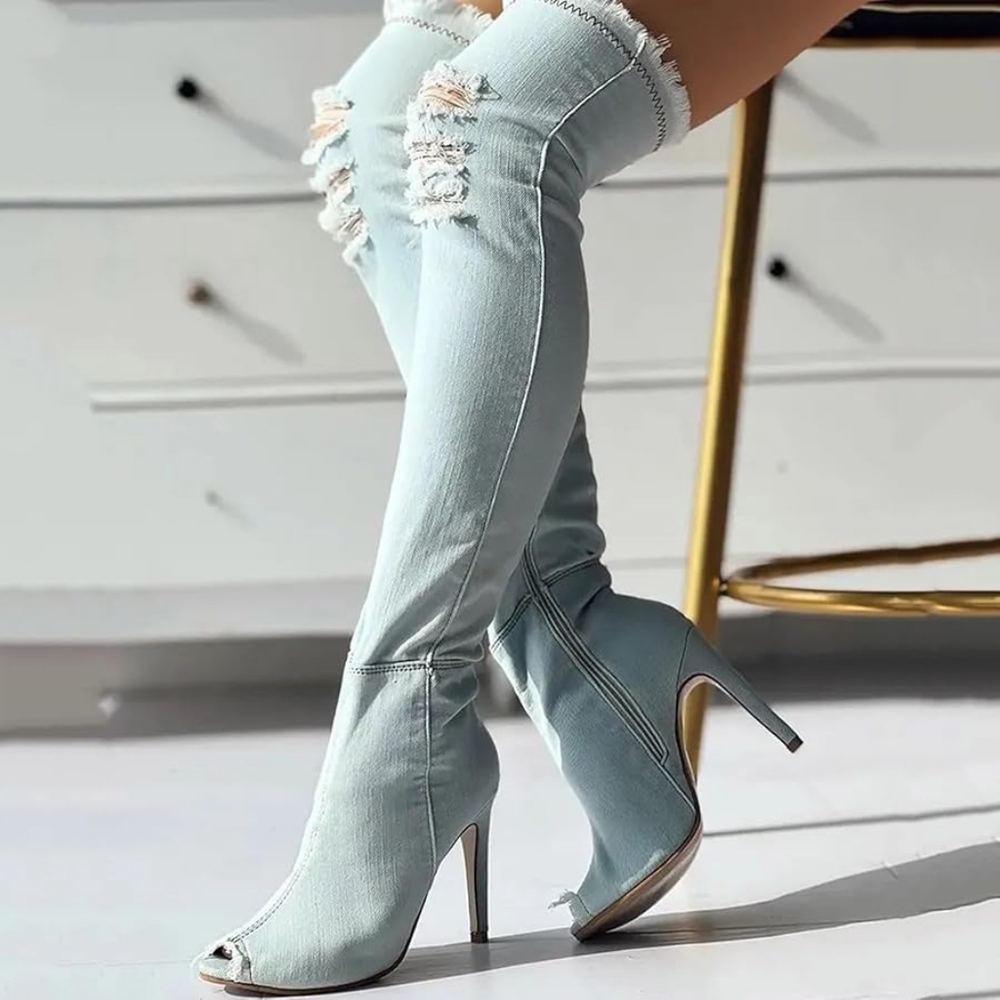 Denim distressed thigh high boots